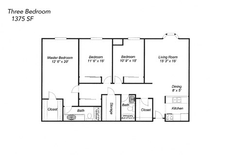 Floor plan for 3 beds, 2 baths, 1375 sqft